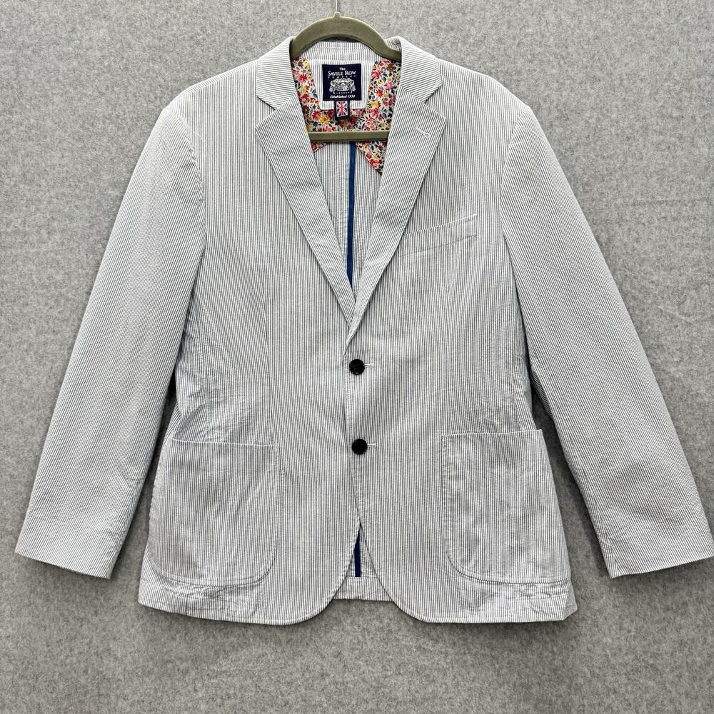 The Savile Row Company Maddox Seersucker Sport Coat Blazer 40S Blue White Cotton